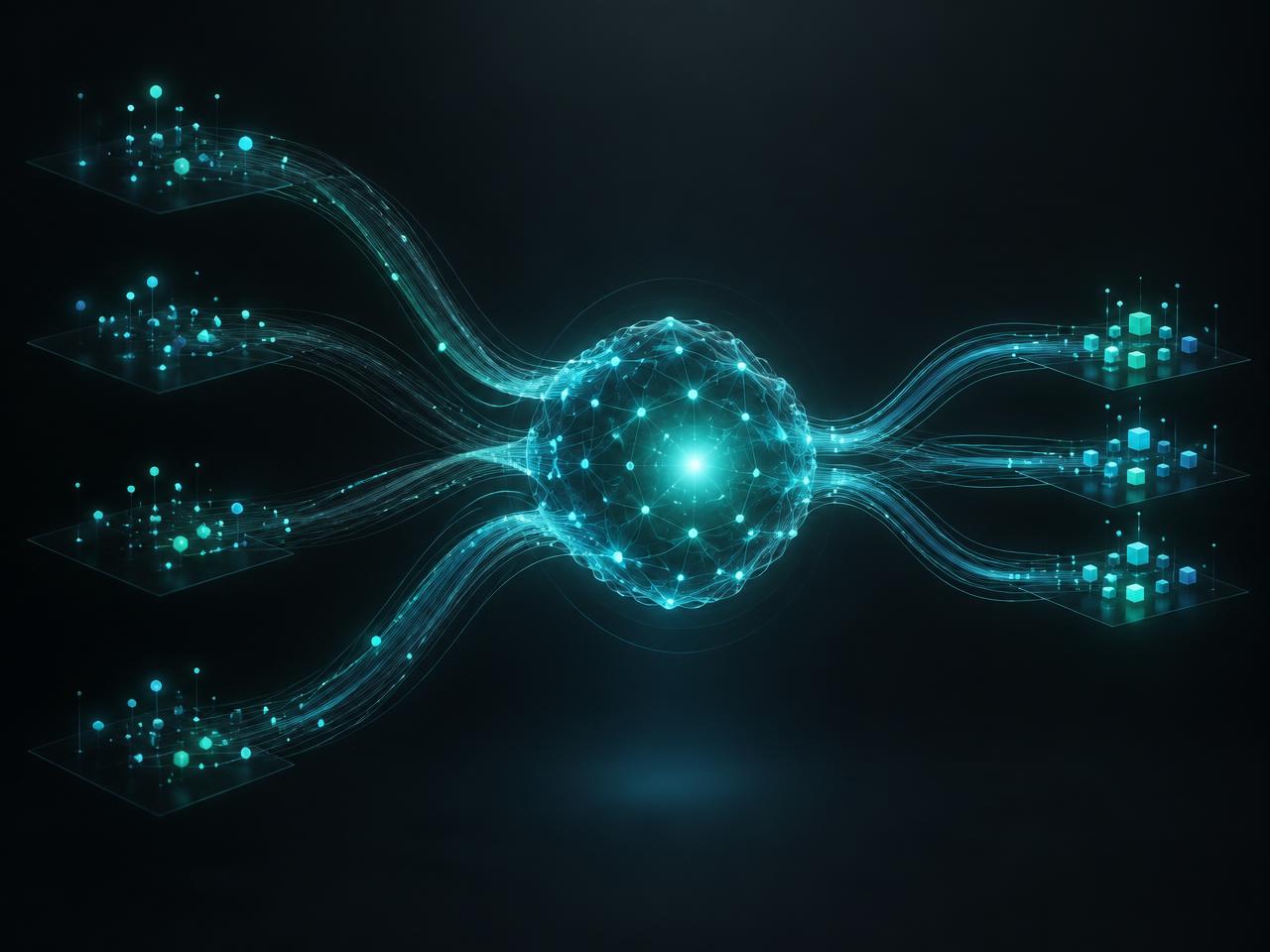 Abstract render of an AI network processing data
