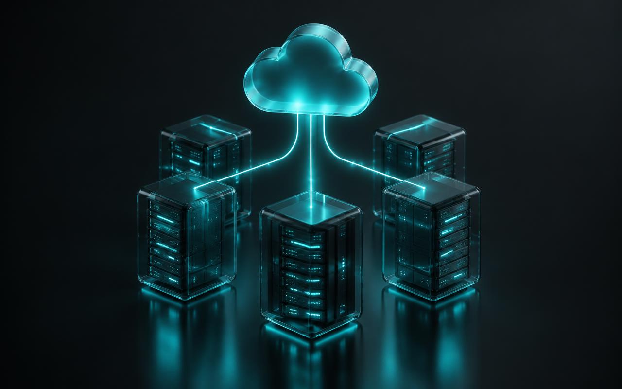 Abstract render of cloud infrastructure connected to servers