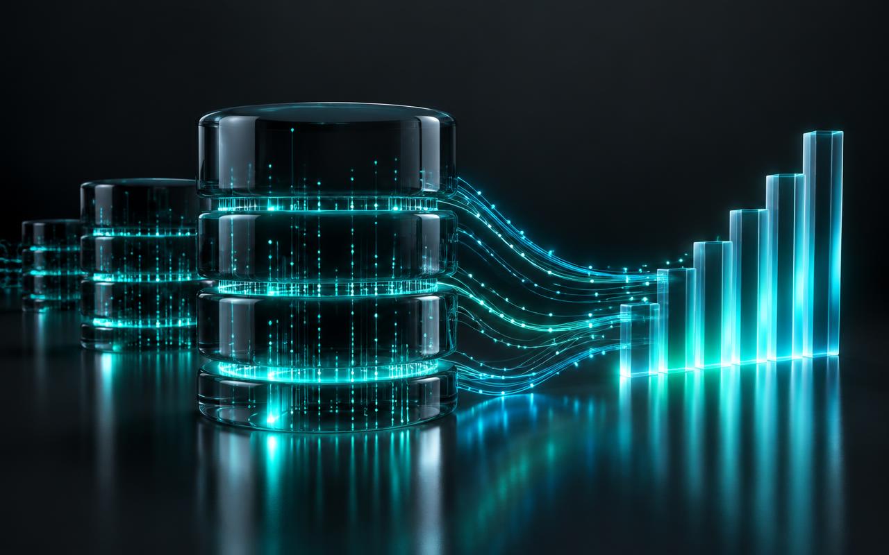 Abstract render of database cylinders and a glowing data chart