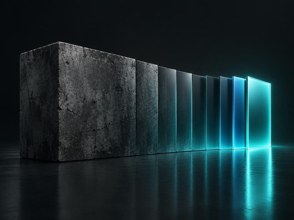 Aged monolith transforming into glowing modern panels