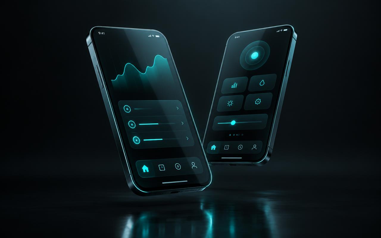 Abstract render of two smartphones with glowing app screens