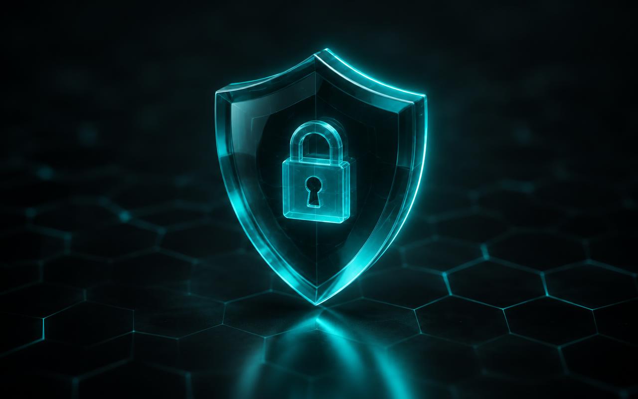 Abstract render of a glowing security shield with a lock